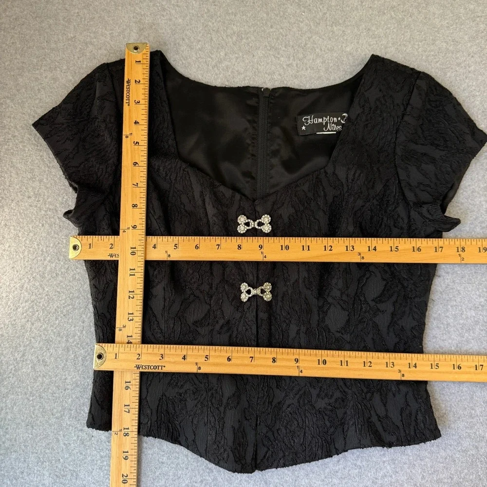 Hampton Nites Vintage 90s Black Lace Silver Brocade Rhinestone Cap Sleeve Blouse - Picture 2 of 14